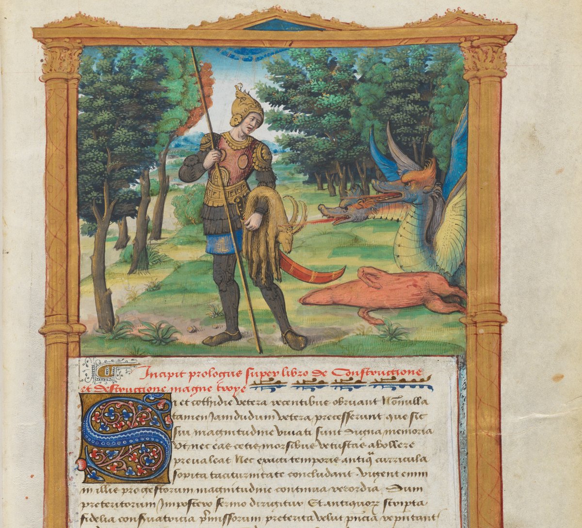 Abbildung einer alten Buchseite mit Schriftzeichen und der Zeichnung eines Drachens, der von einem Menschen erlegt wurde