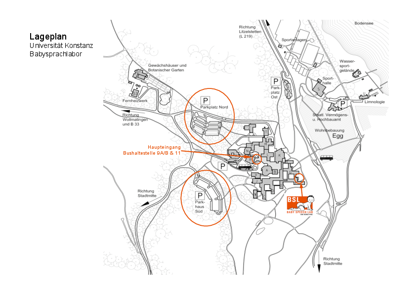 Lageplan der Universität Konstanz. Das Babysprachlabor befindet sich im Südosten.